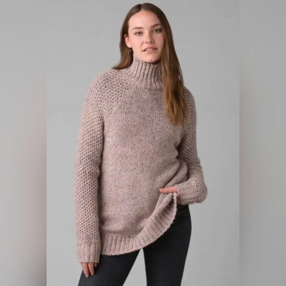 prAna Ibid Sweater Knit Wool Silk Blend Tunic Top Multicolor Speckled Tan XL - Picture 1 of 11
